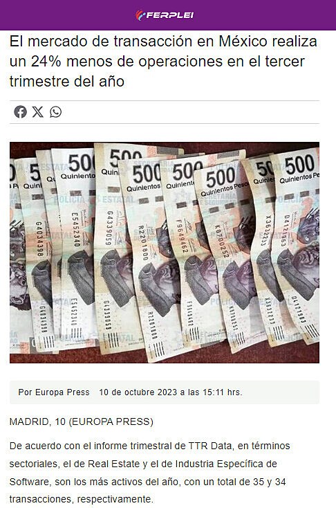 El mercado de transaccin en Mxico realiza un 24% menos de operaciones en el tercer trimestre del ao